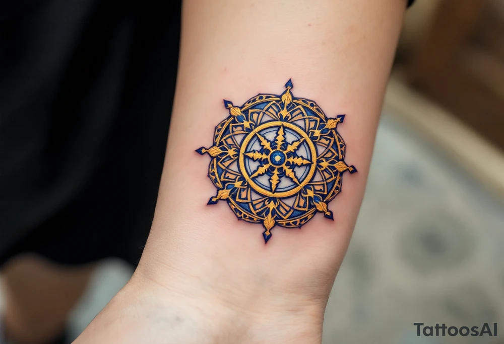 Golden Dharma Wheel with eight spokes in deep gold and royal blue, symbolizing the Noble Eightfold Path. tattoo idea