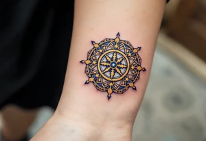 Golden Dharma Wheel with eight spokes in deep gold and royal blue, symbolizing the Noble Eightfold Path. tattoo idea