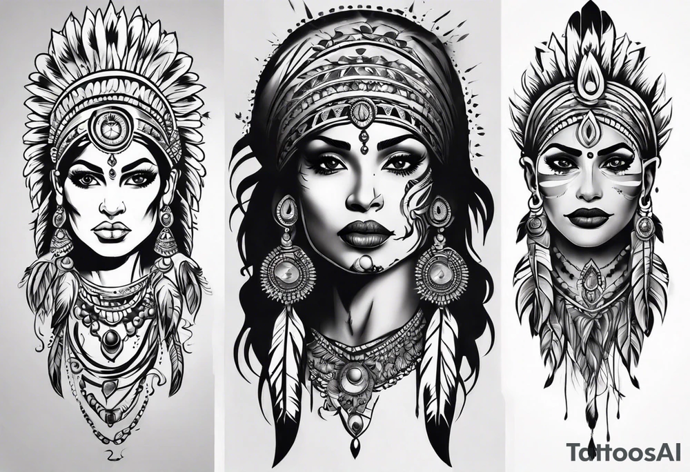 indian woman face 
theme leg sleeve tattoo idea