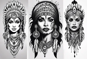 indian woman face 
theme leg sleeve tattoo idea