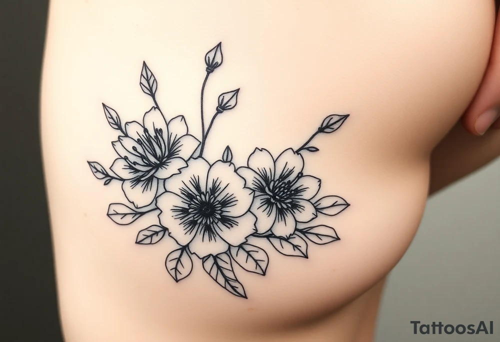 Year 2001 thigh tattoo with flowers tattoo idea