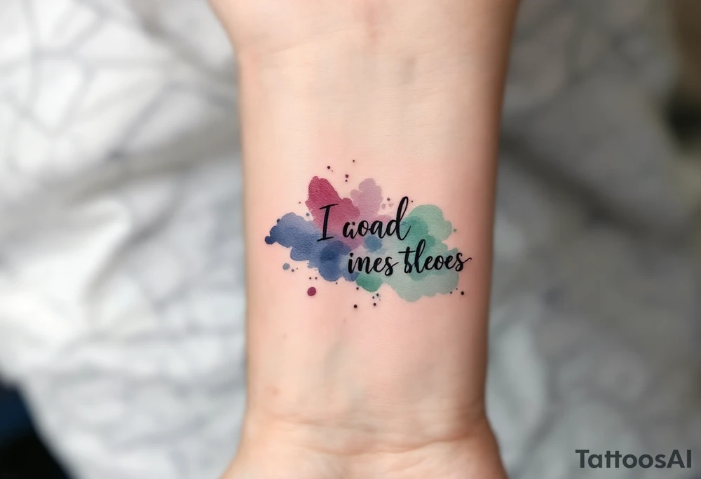 Clean black line text with abstract watercolor bursts in wine red, indigo, and moss green. tattoo idea