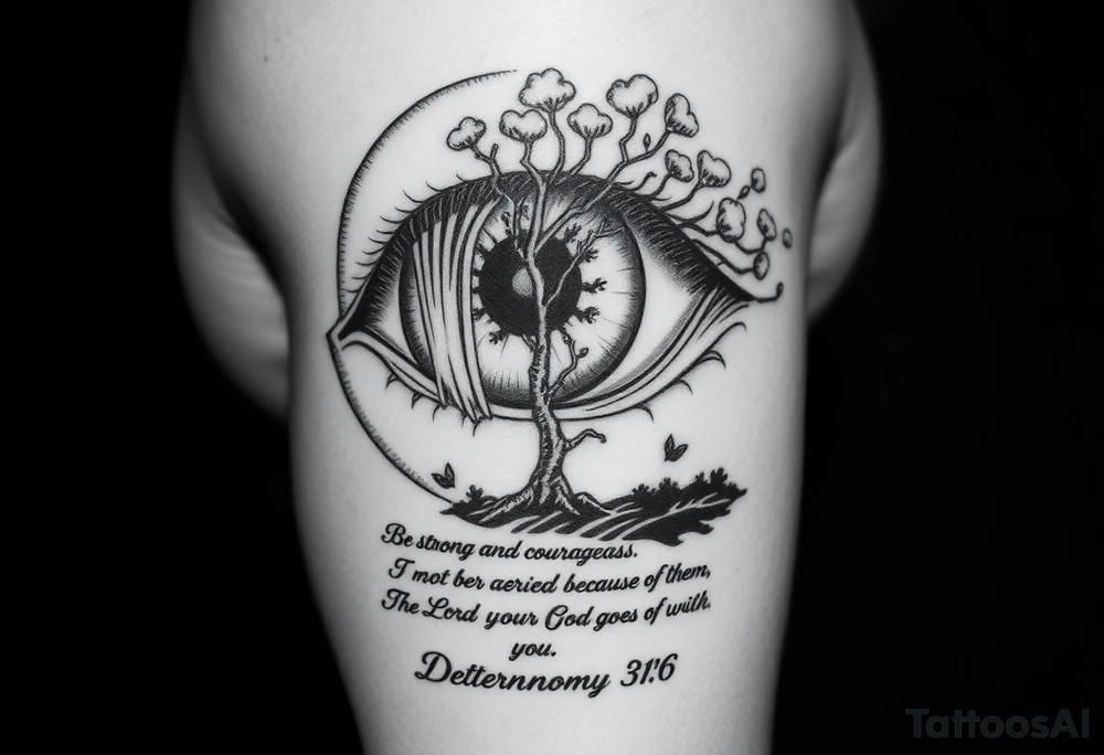 Eyeball with waterfall flowing out of it and under have a tree and under that have the verse Be strong and courageous. Do not be afraid or terrified
because of them, for the Lord your God goes with you; he will never leave you nor forsake you." Deuteronomy 31:6 tattoo idea