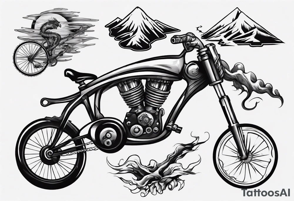 flexed bicep with road bicycle and a mountain tattoo idea