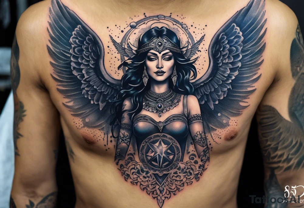 black kali, goddess pirate, alien, angel, pachamama, valkrye, warrior, flying, skull, lotus azul, wing, eagle, zenza resonance, stars, 5D, anahata chakra, death, durga, riding on a tiger, flying lady, chest tatoo tattoo idea