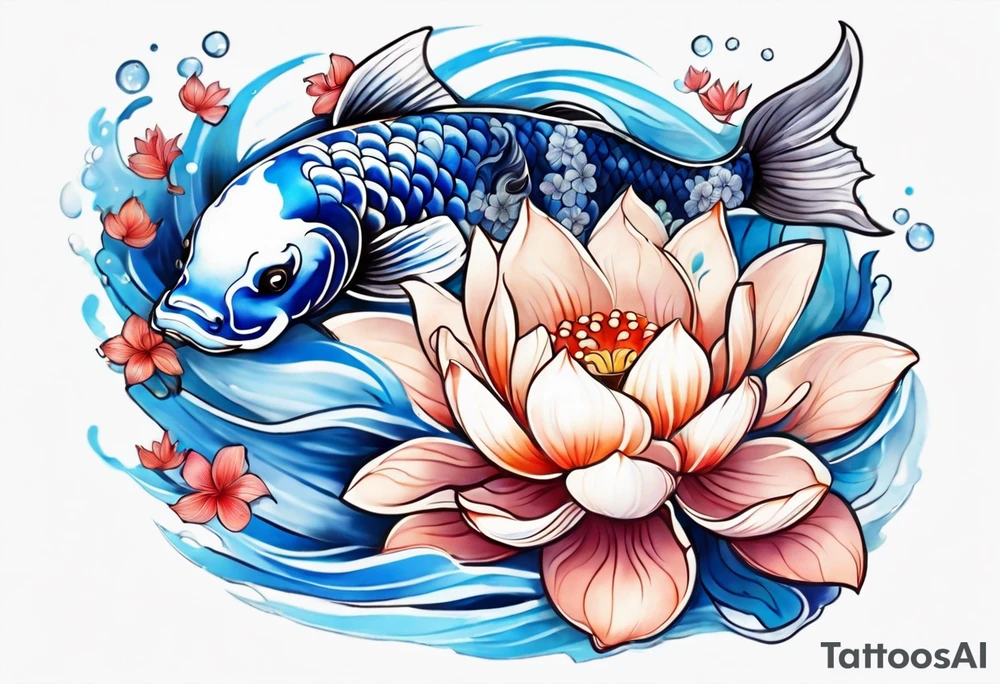 Two Blue and white  Koi swimming between and lotus flowers tattoo idea