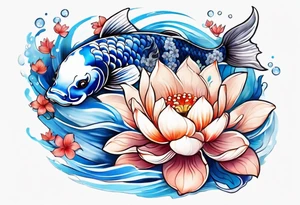 Two Blue and white  Koi swimming between and lotus flowers tattoo idea