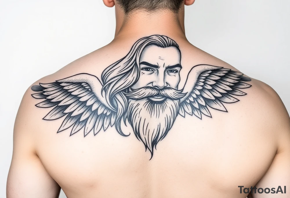 Male with long hair and beard flowing in the wing with smile on face tattoo idea