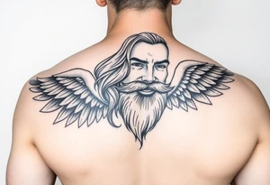 Male with long hair and beard flowing in the wing with smile on face tattoo idea