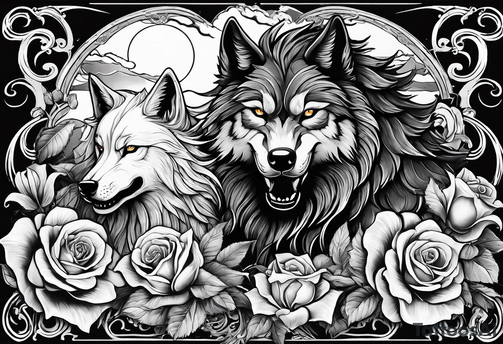 Raging storm with vicious wolf. Design for a chest piece.  Include roses and lilys tattoo idea