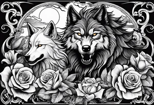 Raging storm with vicious wolf. Design for a chest piece.  Include roses and lilys tattoo idea