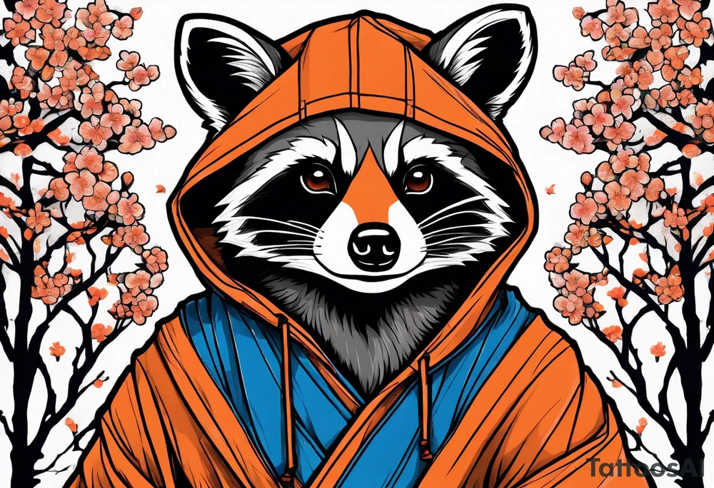 raccoon wearing a black and white Superman hoodie and orange Japanese cherry blossoms tattoo idea