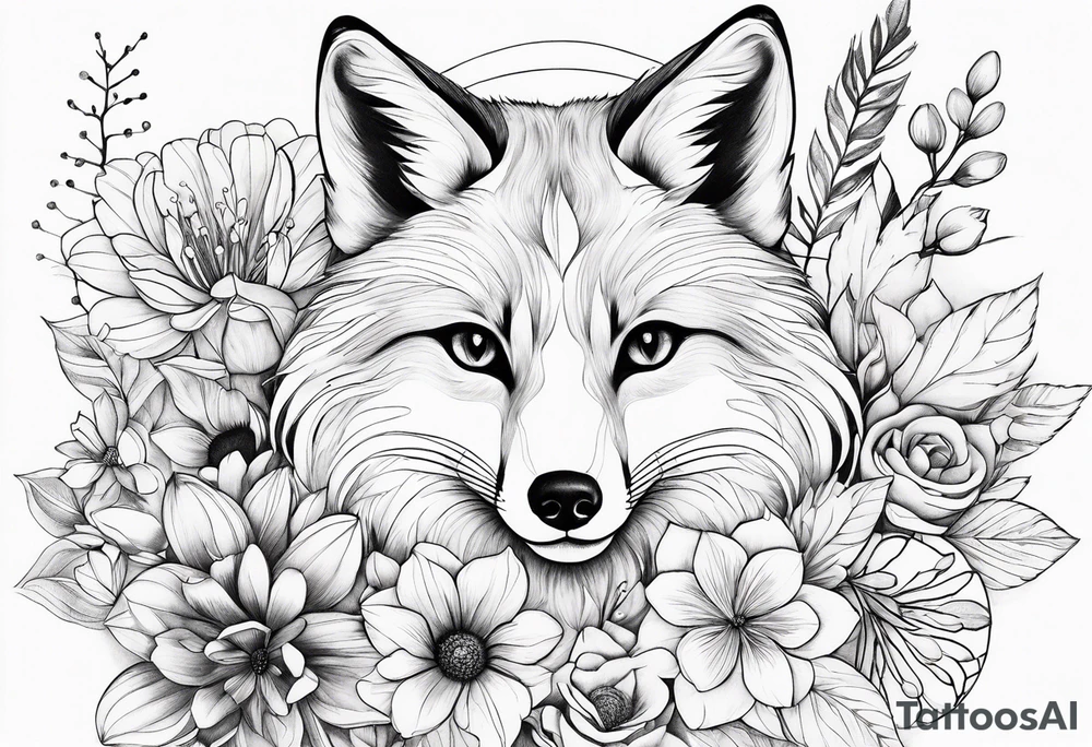 feminin minimalist flowers with little fox tattoo idea