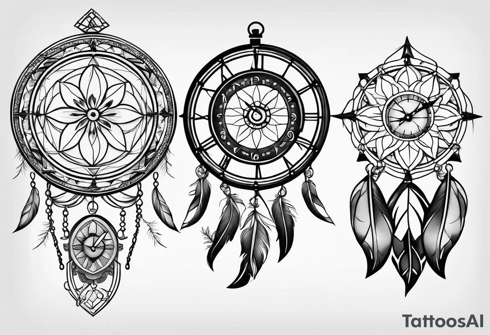 Dreamcatcher with the Magnoliaflower at the top the clock in the middle in the compass at the bottom tattoo idea
