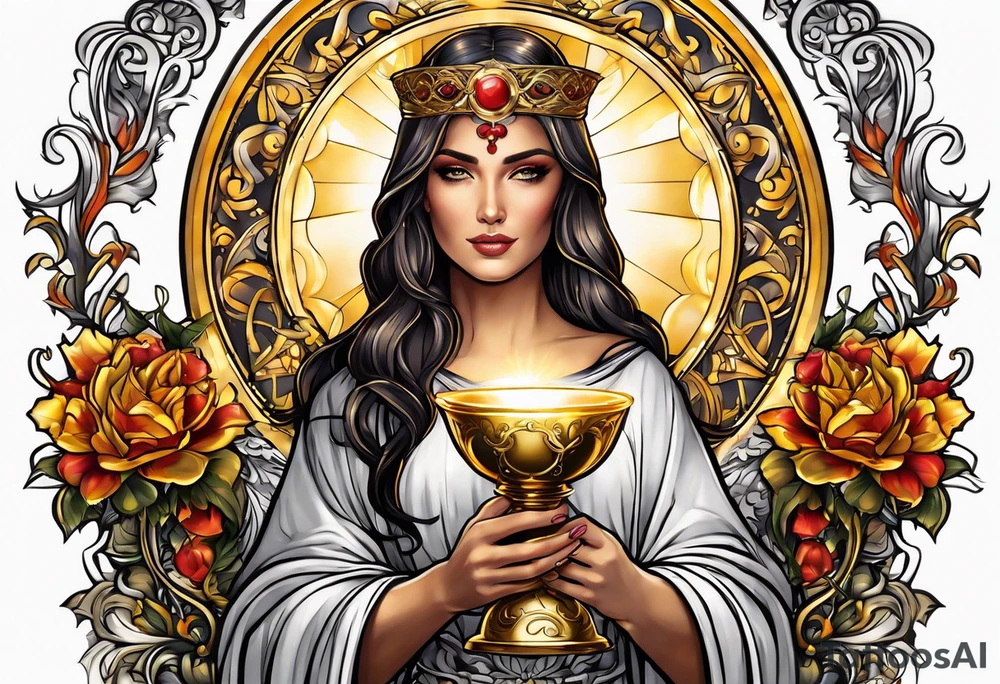 woman saint holding chalice surrounded by golden halo tattoo idea
