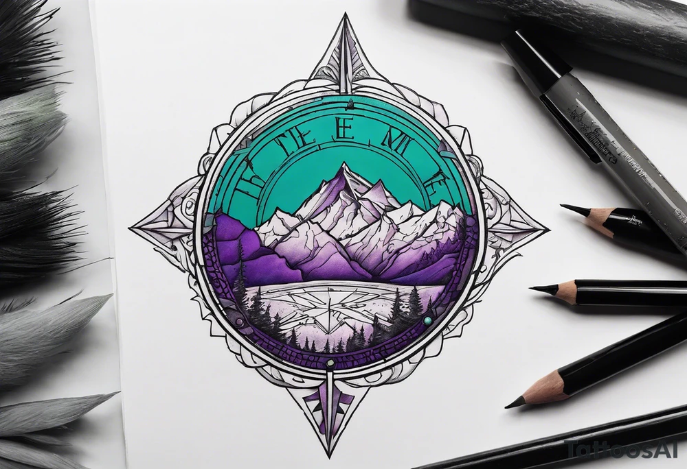 Mountain with a compass rose behind it. Teal and Purple design in front to match the album cover of A Day To Remember's album named Homesick tattoo idea