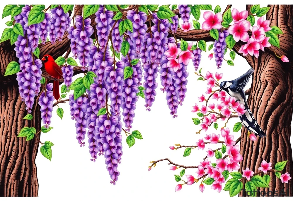 The American wisteria tree gracefully drapes its cascading clusters of soft lavender flowers, twisting around sturdy branches with delicate, vine-like tendrils, while its lush green foliage creates a dreamy, whimsical canopy. Nearby, an Eastern redbud bursts with vibrant pink blossoms, its heart-shaped leaves beginning to unfurl, adding a striking contrast against the deep, twisting bark of its slender trunk. Among the branches, a brilliant red cardinal perches proudly, an indigo bunting glows in a dazzling shade of blue against the floral backdrop, and a downy woodpecker clings to the textured bark, its black-and-white feathers speckled with hints of red as it pecks gently, completing the tranquil and picturesque woodland scene. tattoo idea