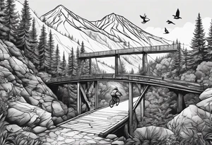 Gravel bike, going down mountain in-between trees, over a bridge with a river and some birds in the background tattoo idea