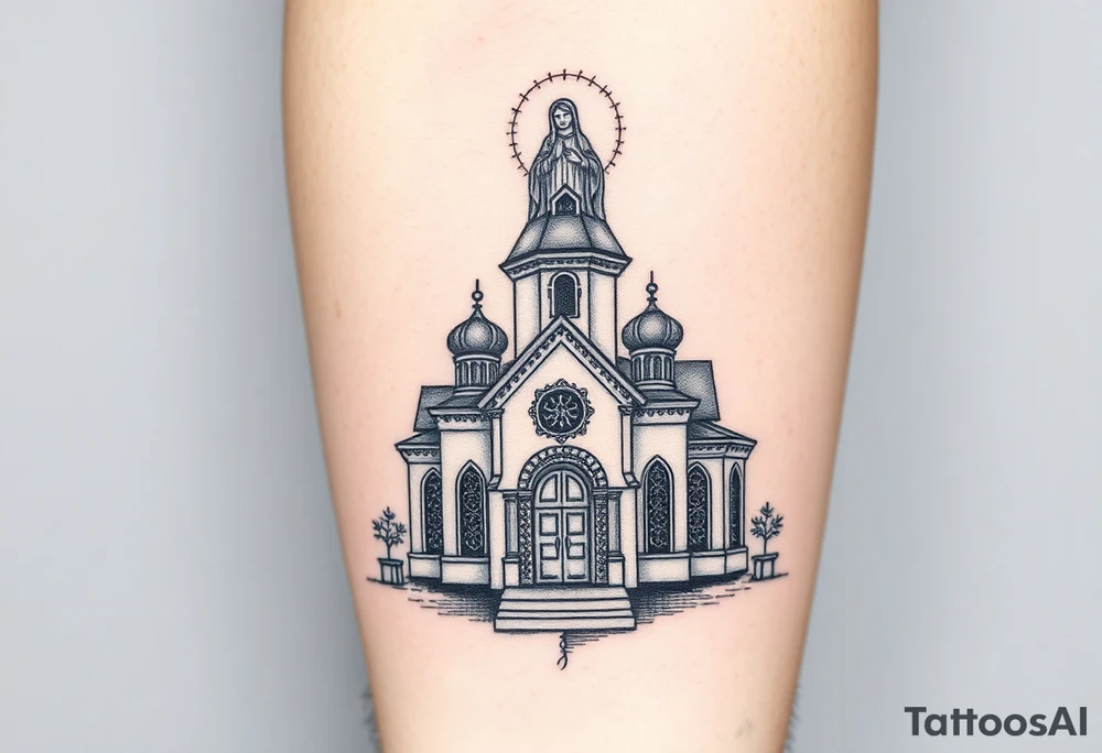in a dorsal view a detailed orthodox church with a band at the front shrouded with a mist above and fading into a virgin mary overlooking above at the top tattoo idea