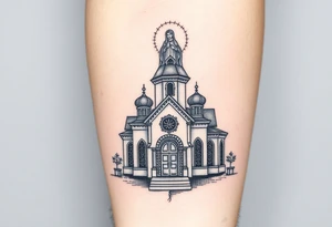 in a dorsal view a detailed orthodox church with a band at the front shrouded with a mist above and fading into a virgin mary overlooking above at the top tattoo idea
