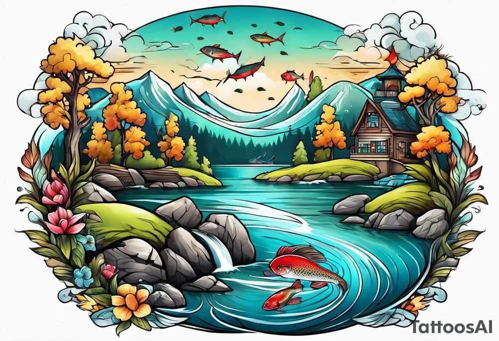 Fishing and outdoor scene sleeve tattoo idea