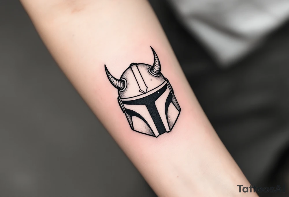 Custom Mandalorian helmet with small horns tattoo idea