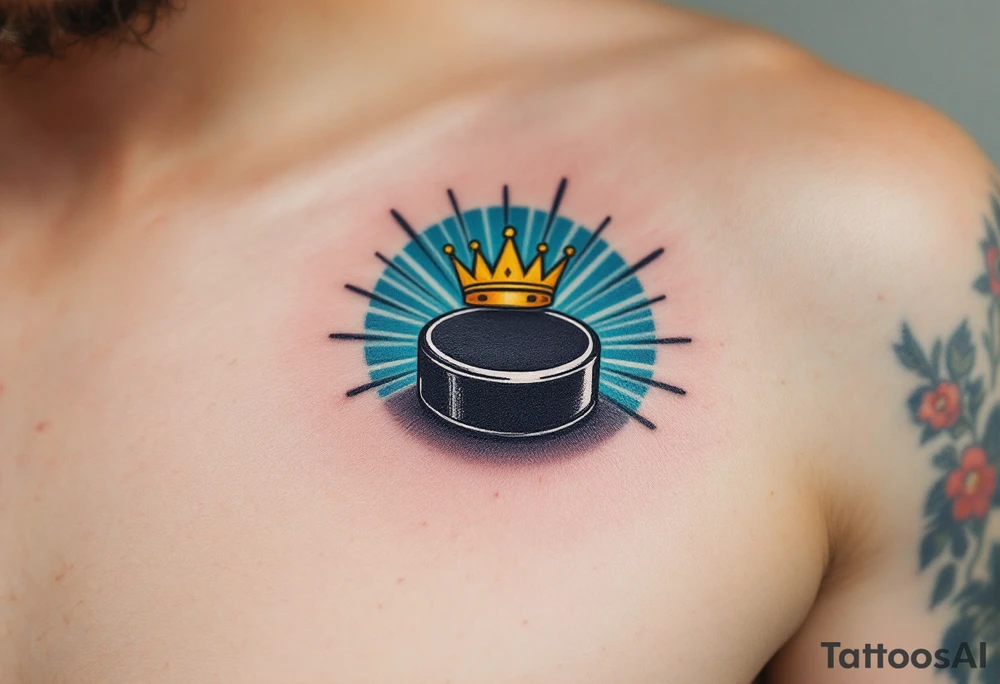 Puck with Crown – A regal twist: black puck with a golden crown hovering above it, backed by soft blue rays. tattoo idea