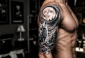 lone wolf howling at full moon with northern lights backdrop tattoo idea