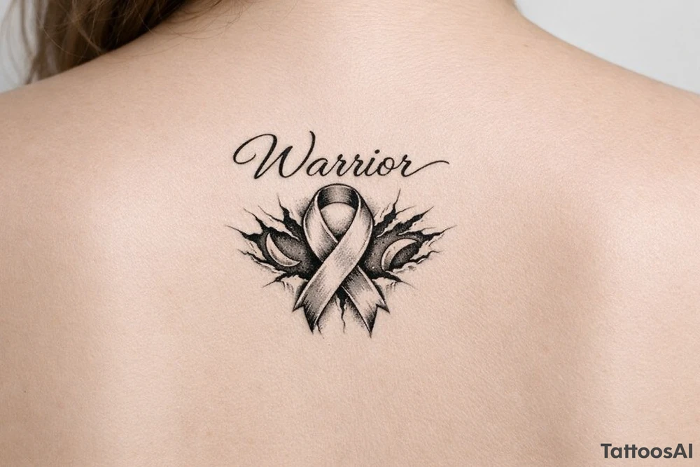 Warrior in cursive with sikkle cells ribbon tearing out of skin tattoo idea