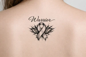 Warrior in cursive with sikkle cells ribbon tearing out of skin tattoo idea