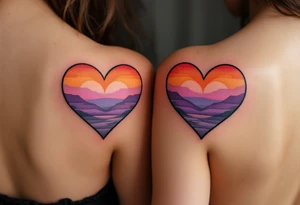 Hearts shaded with a sunset gradient of orange, pink, and purple across each partner shoulder blades. tattoo idea