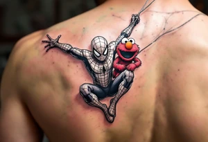 Full color spiderman swinging from a web with elmo tattoo idea