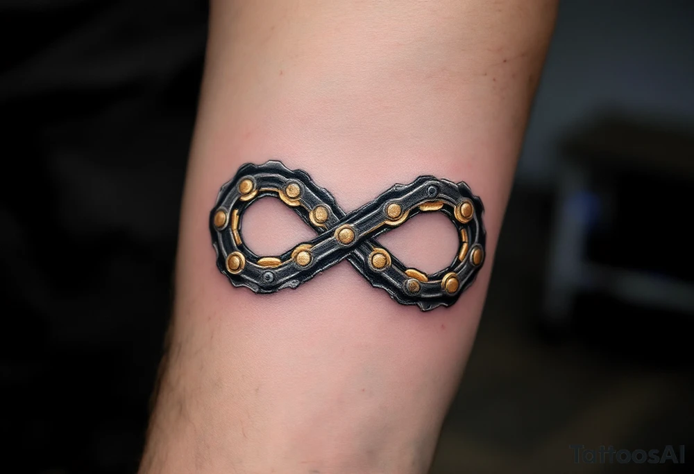 A bicycle chain forming the infinity symbol, in metallic silver and gold, symbolizing endless cycles and eternal connections. tattoo idea