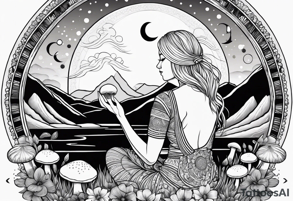 Straight blonde hair girl meditating facing away toward mountains surrounded by mushrooms crescent moon mandala circular design black and white striped dress tattoo idea