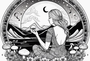 Straight blonde hair girl meditating facing away toward mountains surrounded by mushrooms crescent moon mandala circular design black and white striped dress tattoo idea