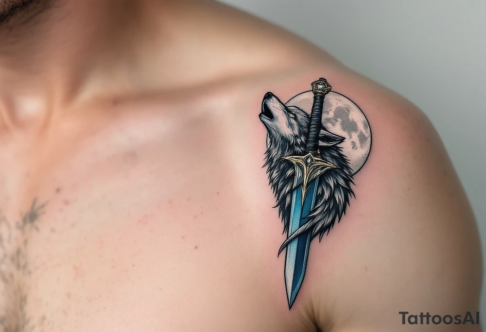 Wolf and Dagger – A dagger with a howling wolf wrapped around the hilt, the wolf in gray with black shading and the dagger in steel blue with silver highlights. The moon behind the wolf is in white with subtle gray shading. tattoo idea
