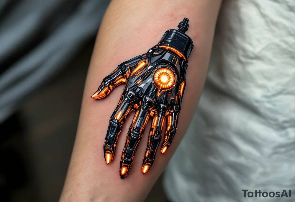 A half-human, half-android hand design in glossy gunmetal, lit from within by soft amber light trails tattoo idea