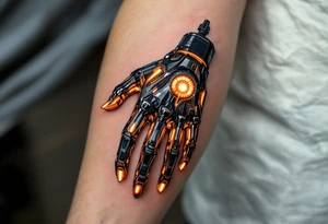 A half-human, half-android hand design in glossy gunmetal, lit from within by soft amber light trails tattoo idea