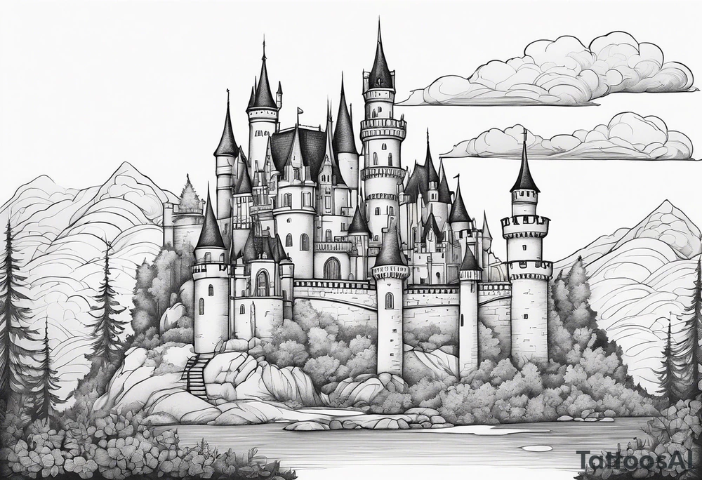 Fairytale castle in landscape, more black, less detailing, engraiving, etching. No shades, no gray, black and white only tattoo idea