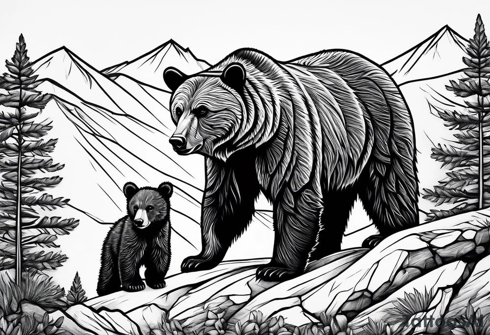 mamma bear and cub with mountains tattoo idea