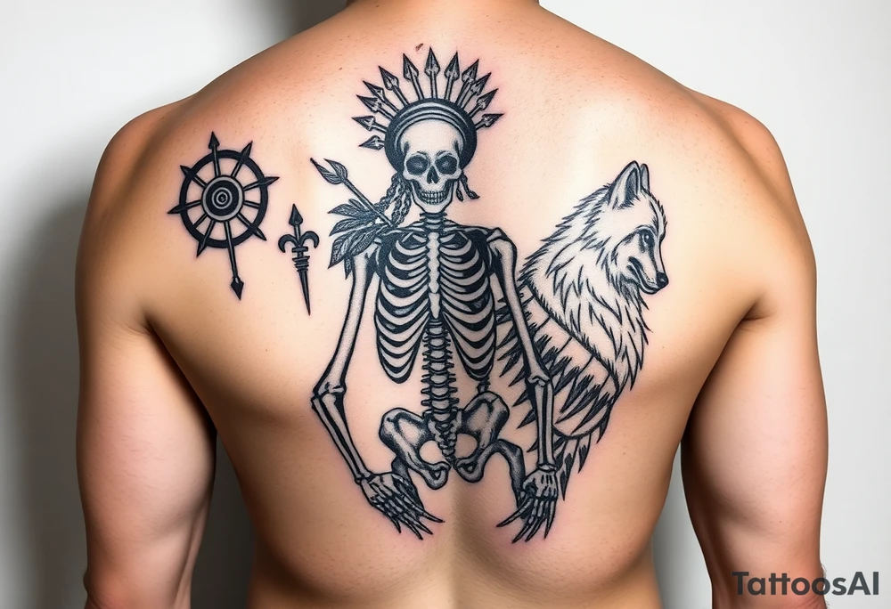 Purepecha skeleton warrior surrounded by purepecha symbols next to a wolf tattoo idea