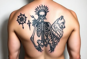 Purepecha skeleton warrior surrounded by purepecha symbols next to a wolf tattoo idea