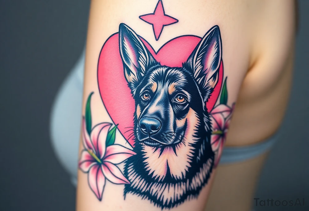 strong short haired german shepherd with alert ears surrounded by pink lilies with large leaves in front of a sacred heart tattoo idea