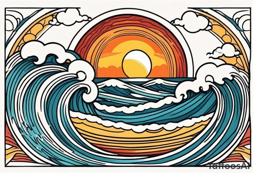 ocean waves with sun tattoo vintage traditional simple and bold colors tattoo idea