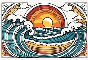 ocean waves with sun tattoo vintage traditional simple and bold colors tattoo idea