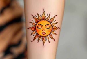 A stylized sun with the son’s face subtly etched in gold and burnt orange rays. tattoo idea