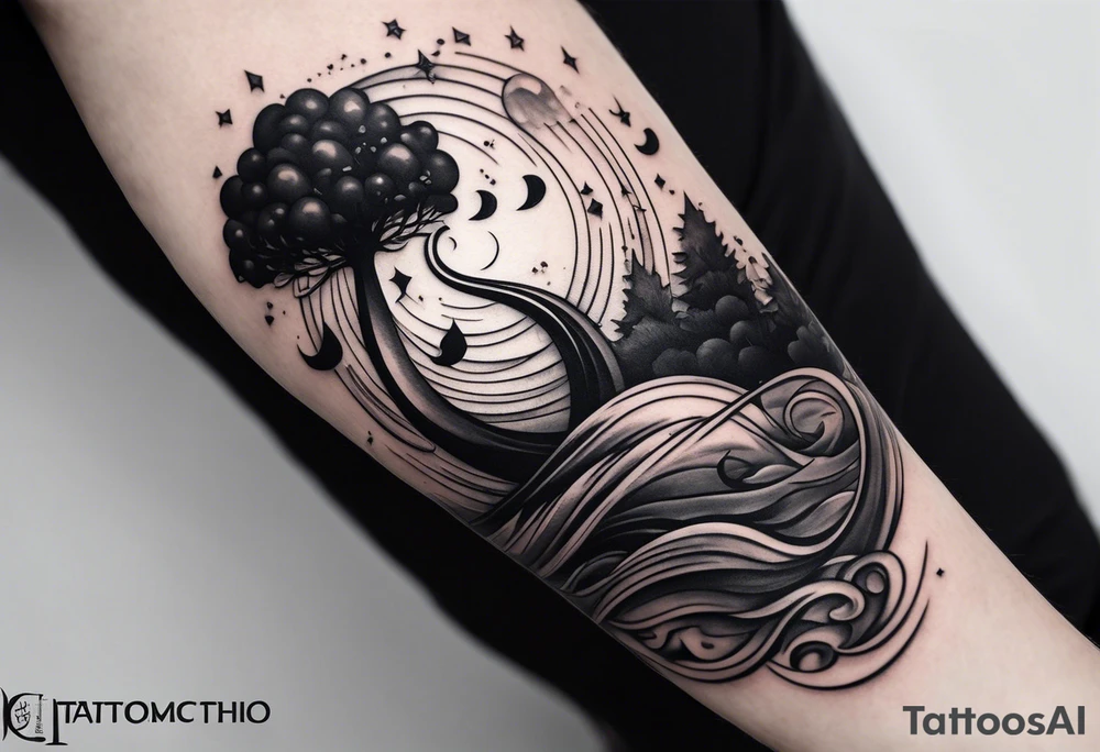 simple icons down the back of the arm featuring four icons:

1. a music note on a staff
2. a wave of water
3. a pocket
4. mushroom tattoo idea
