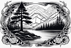 Flame and pine tree tattoo idea