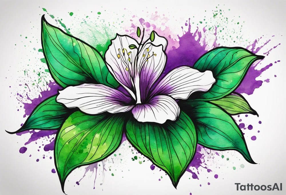 An outline of a green rio dipladenia flower and a green and purple watercolor splash in the background tattoo idea