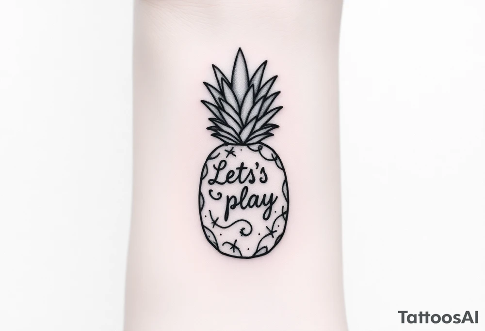 A black ink wrist tattoo featuring a realistic yet minimalistic pineapple. The pineapple is finely detailed with clean, precise lines, capturing the natural texture of the fruit while keeping the design subtle and uncluttered. Inside the body of the pineapple, the phrase "Let's play" is clearly placed in a bold but not overly thick font, ensuring readability while maintaining balance with the overall design. The leaves of the pineapple have a fine-line style with slight variations in thickness for a natural feel. The tattoo blends fine details with subtle bold elements, creating a clean and modern aesthetic. tattoo idea